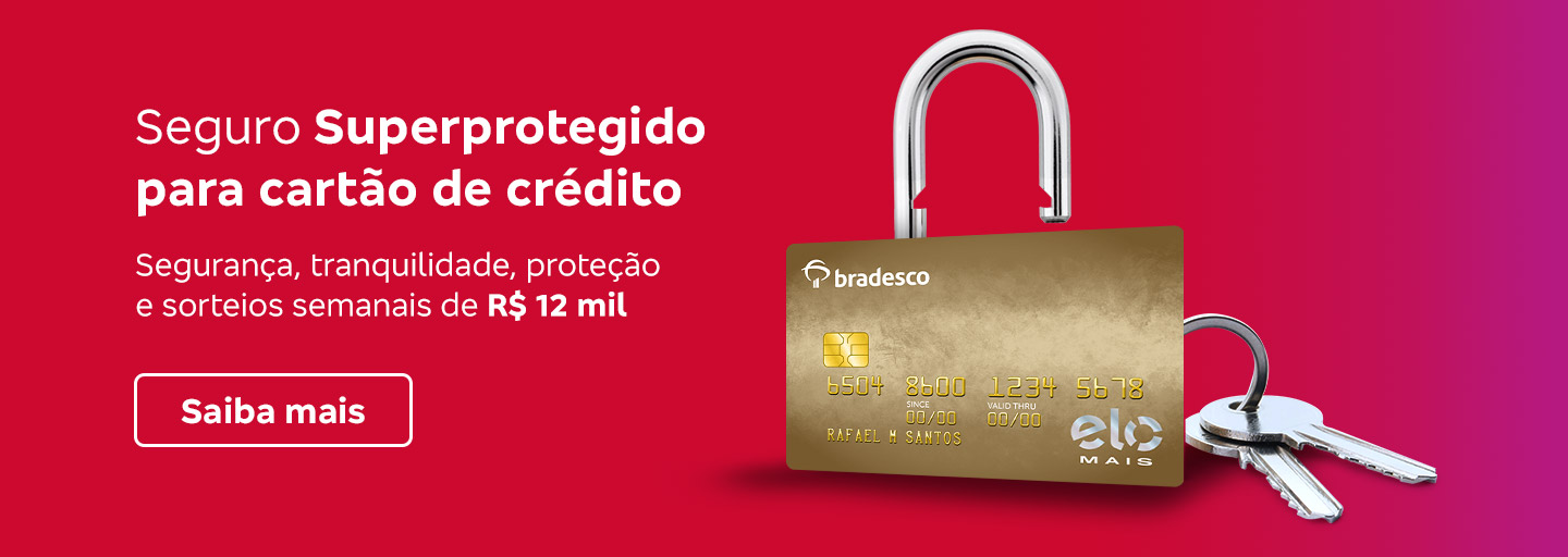 #BradescoAcessivel #ParaTodoMundoVer: Texto: Seguro Superprotegido para cartão de crédito. Segurança, tranquilidade, proteção e sorteios semanais de 12 mil reais. Saiba mais. 
              Imagem: Fundo nas cores vermelha e roxa. Texto na esquerda. No lado direito temos um cartão Bradesco elo Mais, um cadeado e duas chaves.