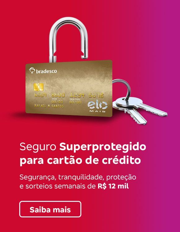 #BradescoAcessivel #ParaTodoMundoVer: Texto: Seguro Superprotegido para cartão de crédito. Segurança, tranquilidade, proteção e sorteios semanais de 12 mil reais. Saiba mais. 
              Imagem: Fundo nas cores vermelha e roxa. Texto na esquerda. No lado direito temos um cartão Bradesco elo Mais, um cadeado e duas chaves.