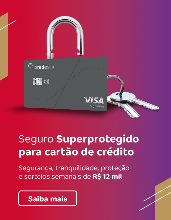 #BradescoAcessivel #ParaTodoMundoVer: Texto: Seguro Superprotegido para cartão de crédito. Segurança, tranquilidade, proteção e sorteios semanais de 12 mil reais. Saiba mais. 
              Imagem: Fundo nas cores vermelha e roxa, detalhes dourados. Texto na esquerda. No lado direito temos um cartão Bradesco Visa Signature, um cadeado e duas chaves.